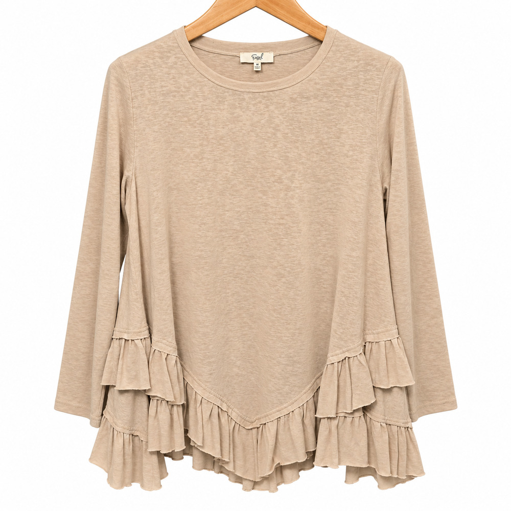 Easel Tunic Top Womens M Beige Layered Ruffle Hem Long Sleeve Boho Casual